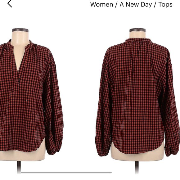 A New Day Orange and Black Checker Puff Sleeve Blouse Size M - Picture 1 of 15